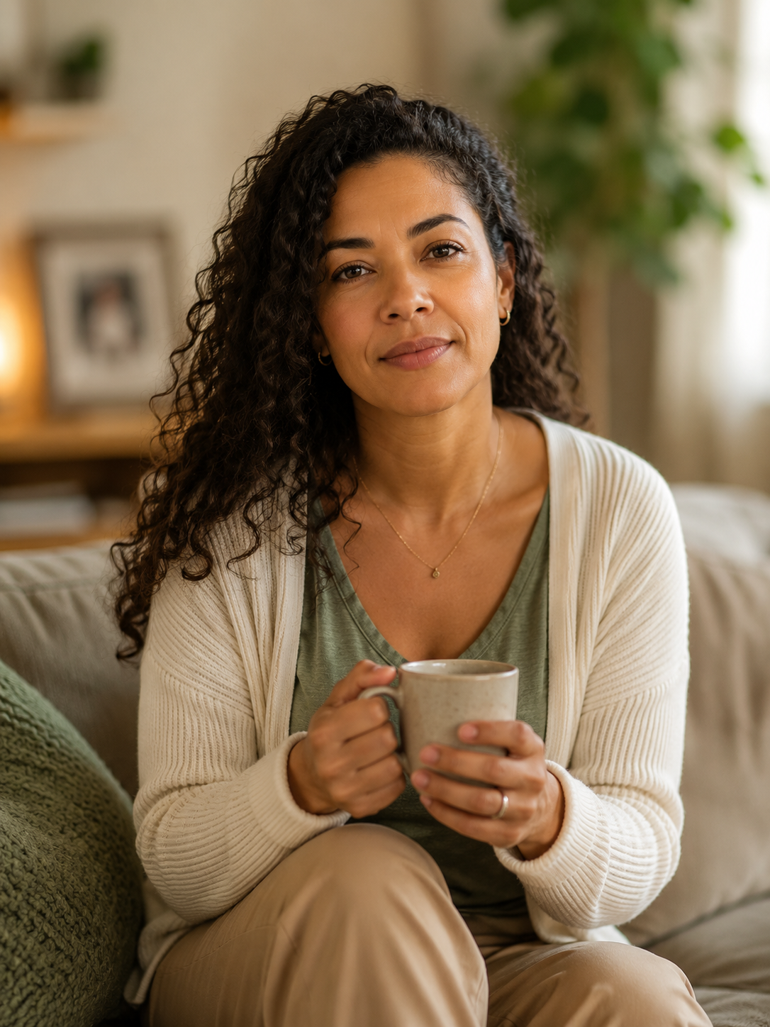 Mãe pensativa com café