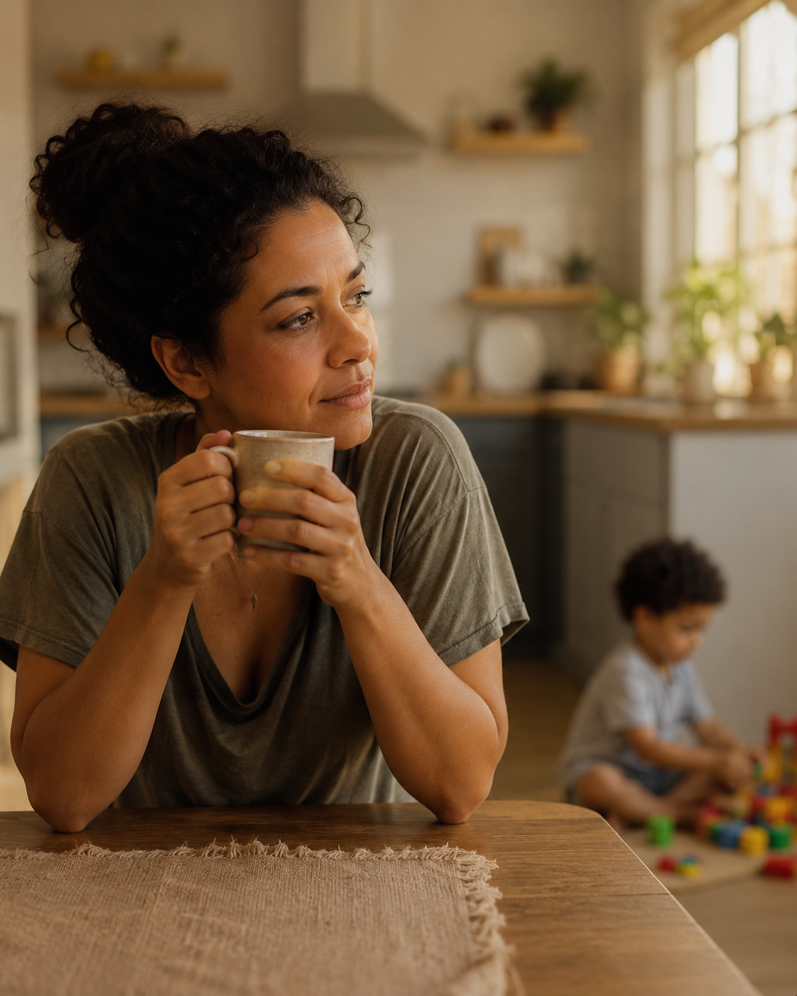 Mãe pensativa com filho brincando